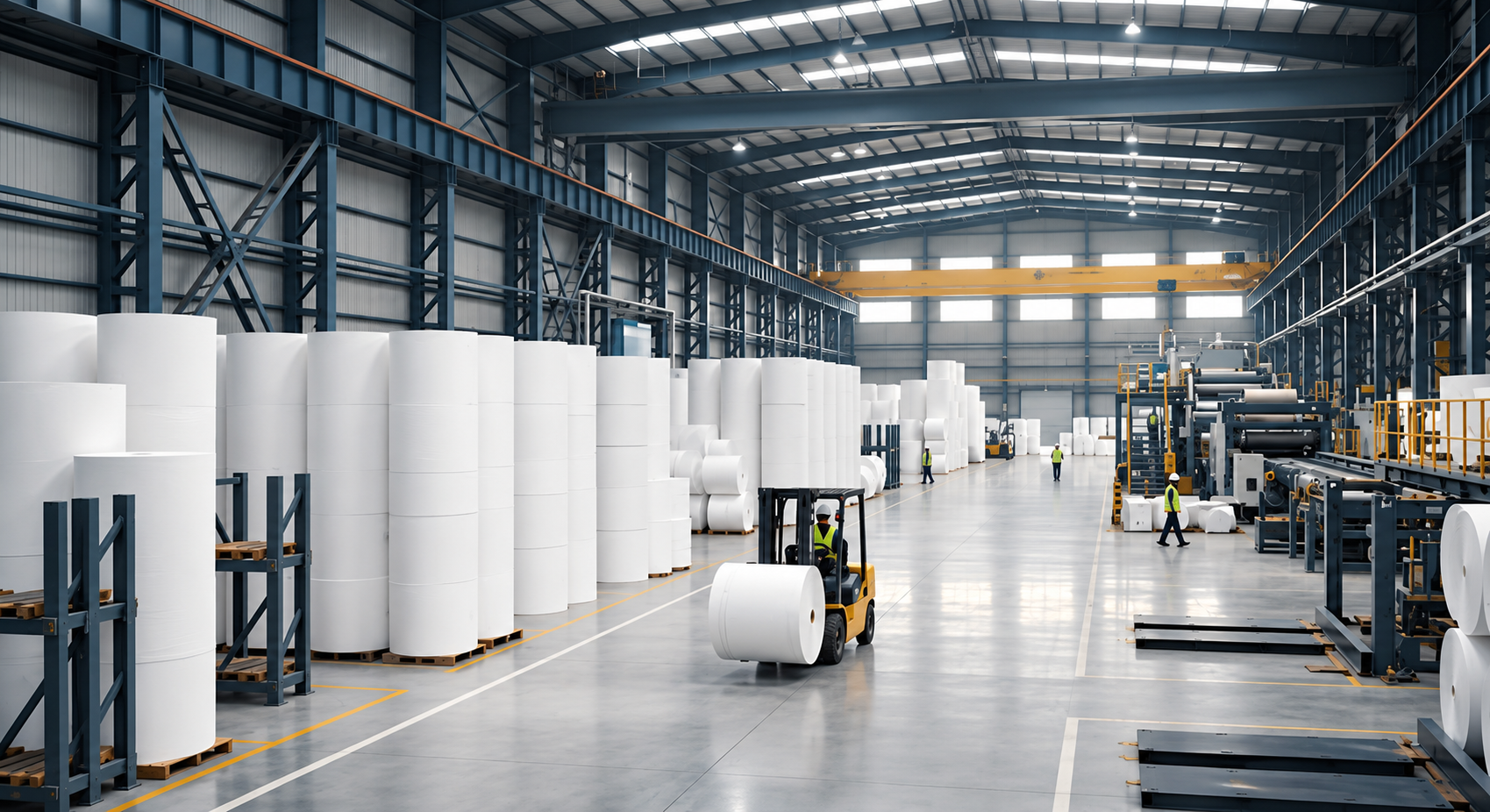 Industrial paper warehouse facility stacked with giant rolls