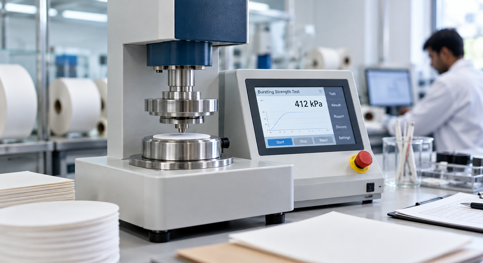 Quality testing laboratory environment measuring GSM and paper tensile strength